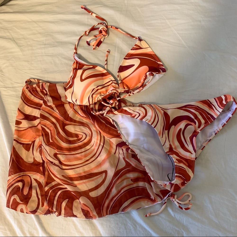 Orange swirl bikini with skirt